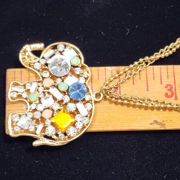 Crystal Embellished Elephant Gold Tone Double Chain 15" Drop Pendant Necklace - Picture 12 of 16